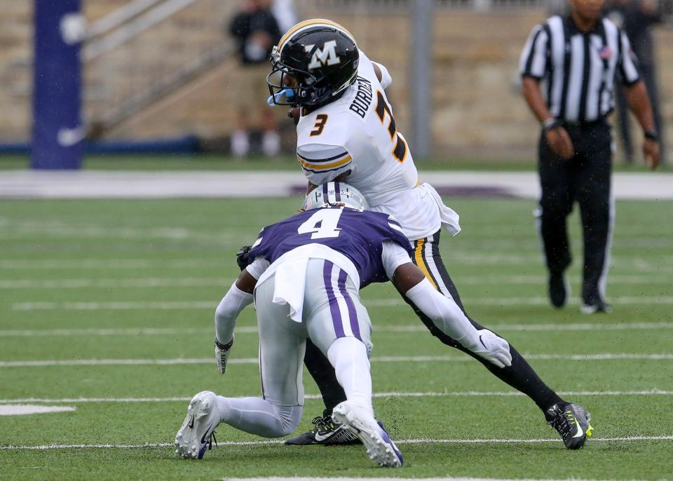 Sep 10, 2022; Manhattan, Kansas, USA; Missouri Tigers wide receiver Luther Burden III (3) is tackled by Kansas State Wildcats cornerback Omar Daniels (4) during the fourth quarter at Bill Snyder Family Football Stadium. Mandatory Credit: Scott Sewell-USA TODAY Sports