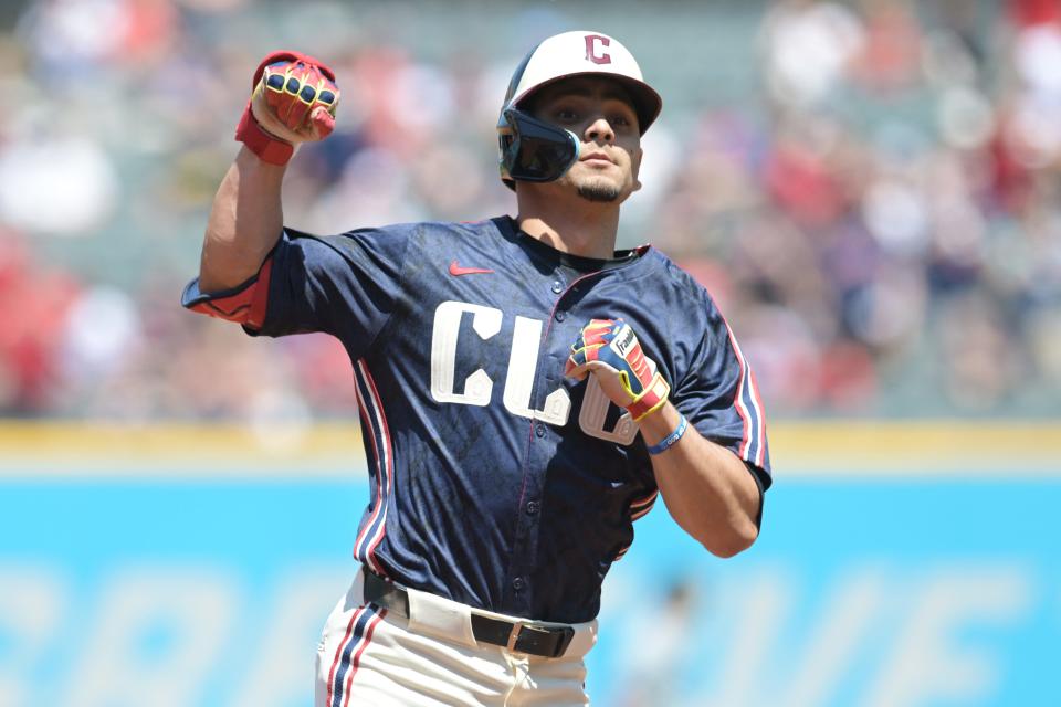 Cleveland Guardians' Andres Gimenez (0) rounds the bases after hitting a home run during the first inning Sunday against the Minnesota Twins at Progressive Field.