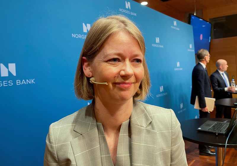 FILE PHOTO: Norwegian central bank Deputy Governor Ida Wolden Bache reacts as the bank presents its 2021 financial stability report, in Oslo