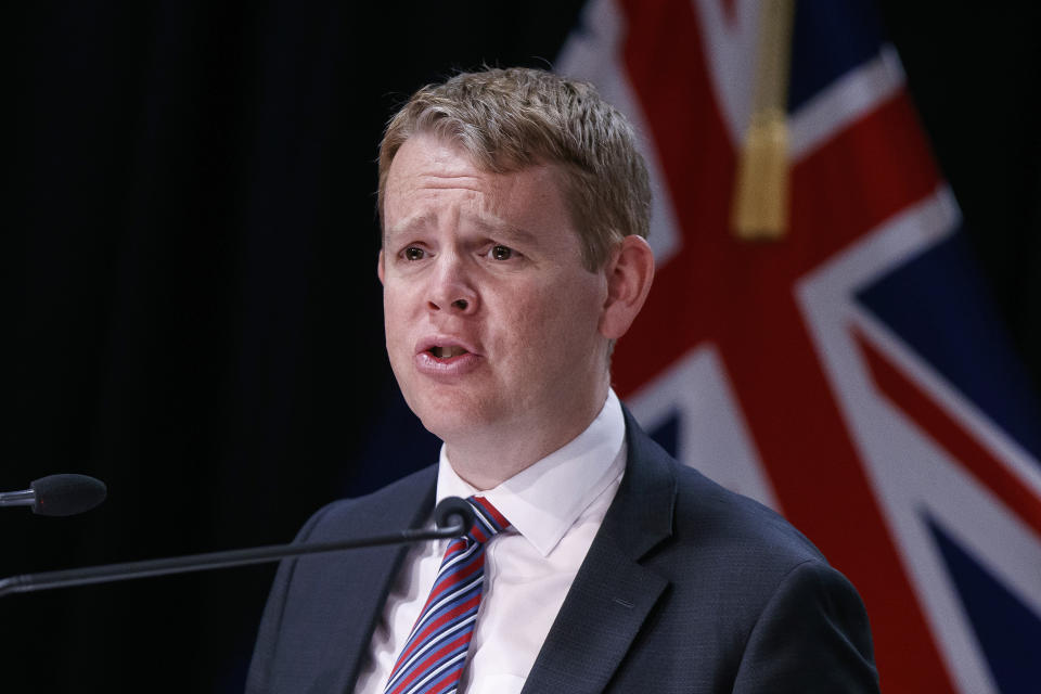 FILE - New Zealand's COVID-19 Response Minister Chris Hipkins speaks during a press conference in Wellington, New Zealand on Oct. 28, 2021. Education Minister Chris Hipkins is set to become New Zealand's next prime minister after he was the only candidate to enter the race Saturday, Jan. 21, 2023 to replace Jacinda Ardern, who announced her resignation on Thursday, Jan. 19, 2023. (Robert Kitchin/Pool Photo via AP, File)