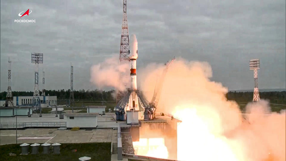 In this photo taken from video and released by Roscosmos State Space Corporation, the Soyuz-2.1b rocket with the moon lander Luna-25 automatic station takes off from a launch pad at the Vostochny Cosmodrome in the Russia's Far East, on Friday, Aug. 11, 2023. The Russian space agency says its Luna-25 spacecraft has crashed into the moon. Russia’s unmanned robot lander crashed after it had spun into uncontrolled orbit, the country’s space agency Roscosmos reported on Sunday, Aug. 20. 2023. (Roscosmos State Space Corporation via AP)