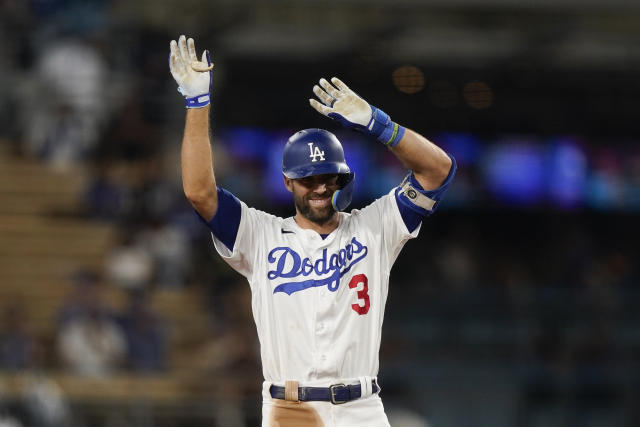 Los Angeles Dodgers' David Peralta (6) celebrates after doubling