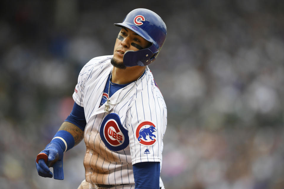 Chicago Cubs' Javier Baez reacts after being forced out at first base during the fifth inning of a baseball game against the Milwaukee Brewers, Sunday, Sept. 1, 2019, in Chicago. (AP Photo/Paul Beaty)