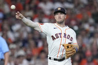 FILE -Houston Astros third baseman Alex Bregman throws out San Diego Padres designated hitter Manny Machado on a ground ball during the seventh inning of a baseball game, Saturday, Sept. 9, 2023, in Houston. Baseball’s next free agency class won’t have a two-way star like Shohei Ohtani, and almost certainly no deals like his record-shattering $700 million over 10 years to switch teams in Los Angeles this year. But there could still be All-Star sluggers and Cy Young Award winners available next offseason. (AP Photo/Kevin M. Cox, File)