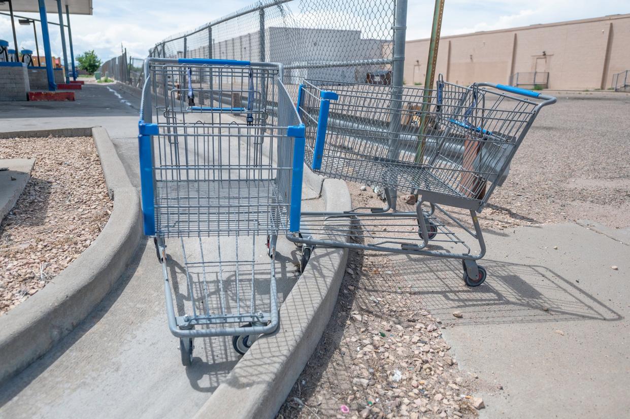 Shopping carts from Pueblo's southside Walmart sit well away from the store on June 6. The city of Pueblo, between the police department's code enforcement division and Team Up to Clean Up program, has retrieved more than 900 abandoned carts so far this year.