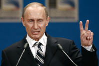 FILE - Russian President Vladimir Putin gestures as he addresses the media during a press conference on the third day of the NATO Summit conference in Bucharest, Friday April 4 2008. NATO returns on Tuesday, Nov. 29, 2022 to the scene of one of its most controversial decisions and where it intends to repeat its vow that Ukraine, now suffering through the tenth month of a war against Russia, will be able to join the world's biggest military alliance one day.(AP Photo/Vadim Ghirda, File)