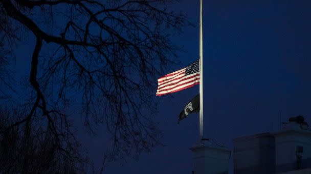 PHOTO: The American flag flies at half-staff on Jan. 23, 2023, at the White House as a mark of respect for the victims of the Los Angeles-area ballroom dance club Lunar New Year massacre on Jan. 21, 2023, in Monterey Park, Calif. (Manuel Balce Ceneta/AP)