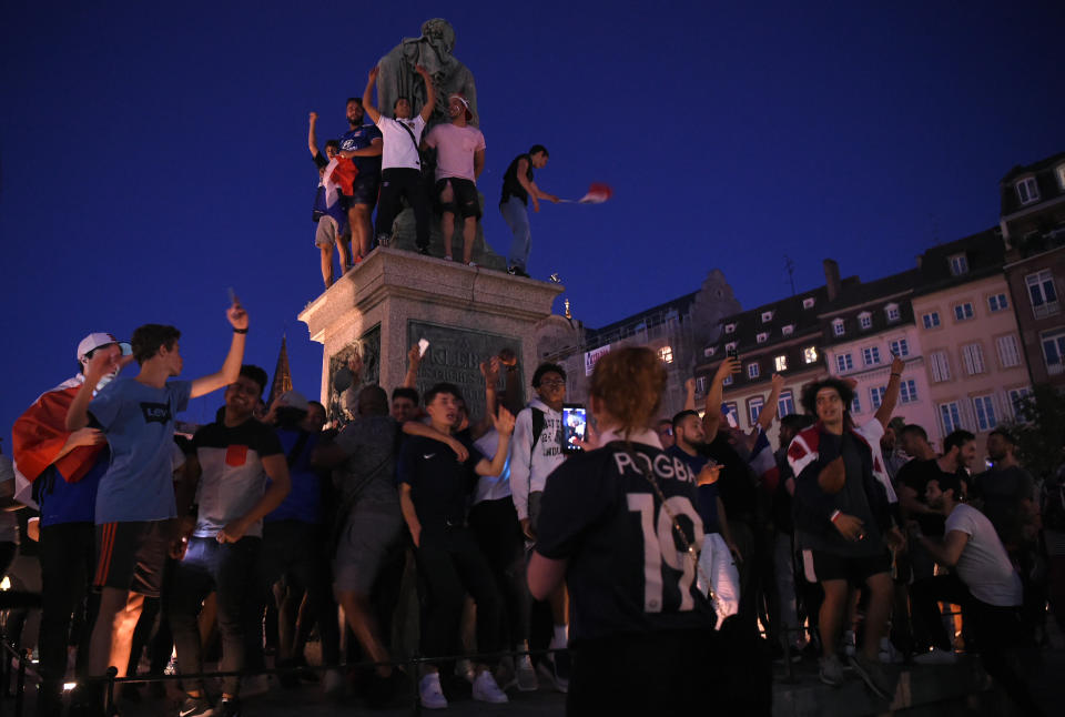 <p>French football supporters celebrate in Strasbourg on July 10, 2018, after France beat Belgium in the first semi-final football match of the 2018 Russia World Cup in Saint Petersburg. (Photo by PATRICK HERTZOG / AFP) </p>