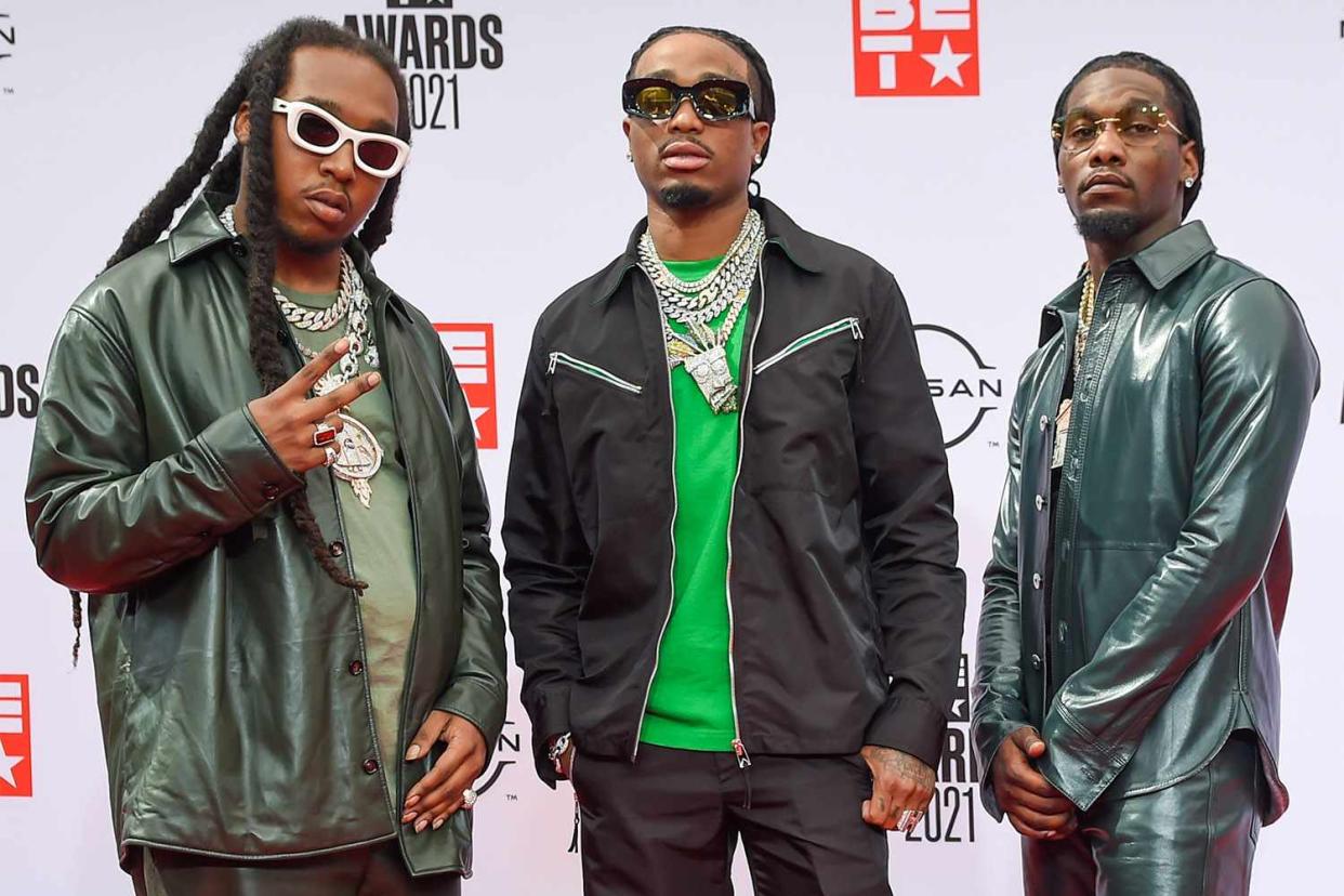 LOS ANGELES, CALIFORNIA - JUNE 27: Recording Artists (L-R) Takeoff, Quavo, and Offset of Migos attend the 2021 BET Awards at the Microsoft Theater on June 27, 2021 in Los Angeles, California. (Photo by Aaron J. Thornton/Getty Images)