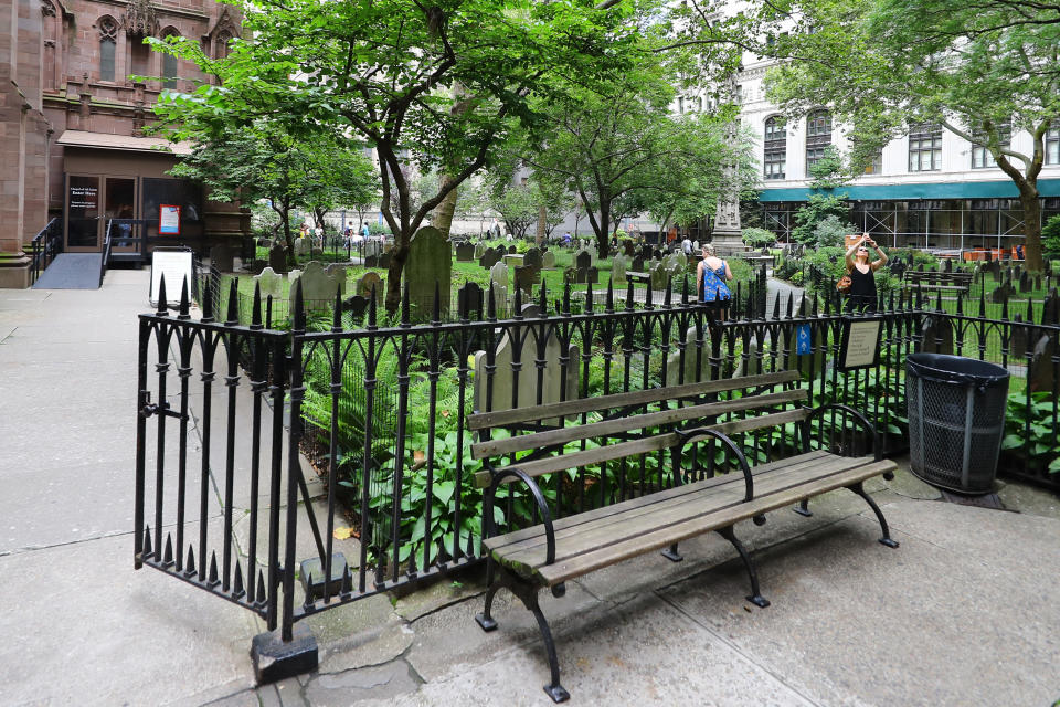 <p>The courtyard and cemetery of the historic Trinity Church in New York City on Aug. 18, 2018. (Photo: Gordon Donovan/Yahoo News) </p>