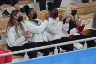 From left, United States' gymnast Grace McCallum, Jordan Chiles, Simone Biles and MyKayla Skinner celebrate after teammate Sunisa Lee won the gold medal for the artistic gymnastics women's all-around final at the 2020 Summer Olympics, Thursday, July 29, 2021, in Tokyo. (AP Photo/Ashley Landis)