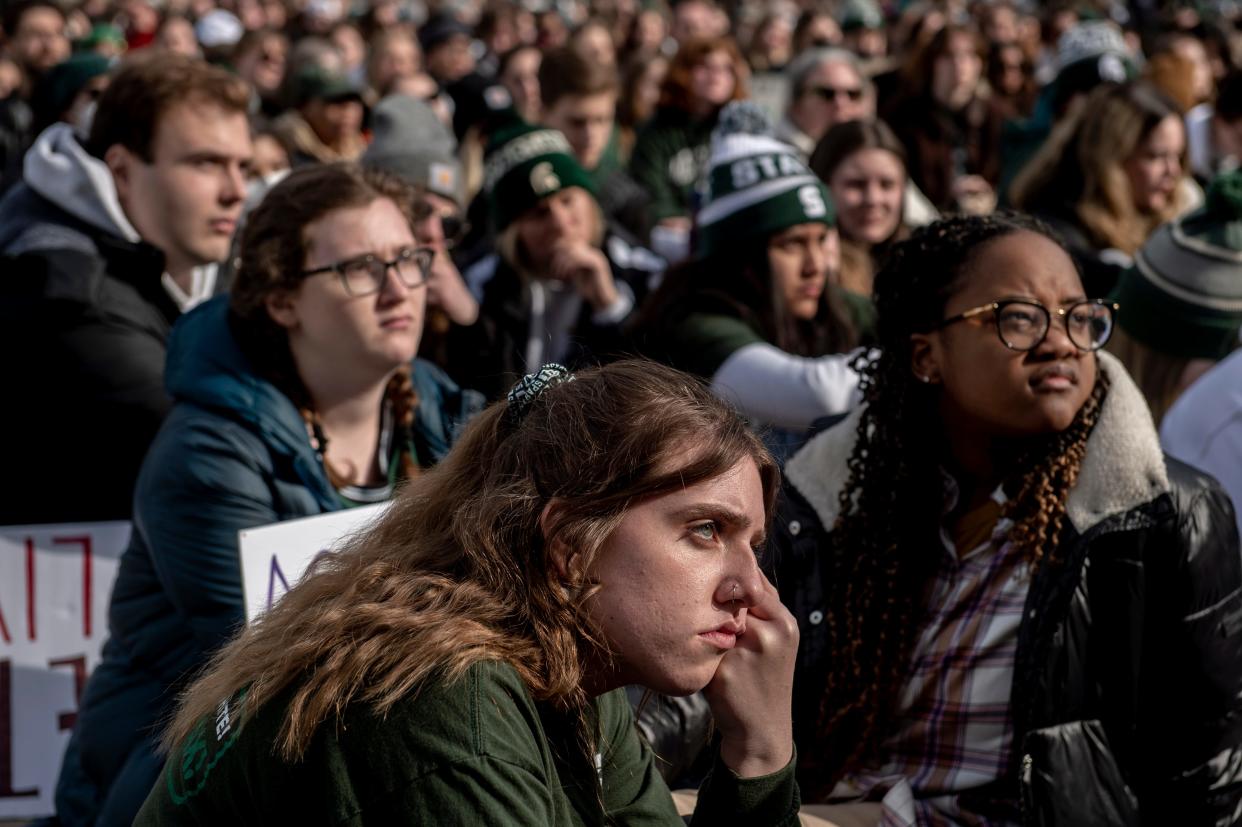 More than 1,000 students rally on Feb. 20, 2023, at the Capitol in Lansing, Mich., as dozens of students recount their stories from the night three students were killed and five others injured in a mass shooting at Michigan State University a week earlier.