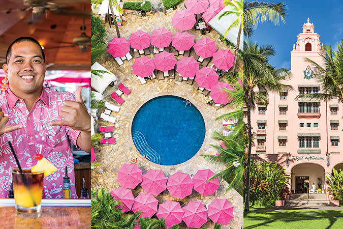 Iconic images of the Royal Hawaiian Hotel: mai tai magic at the classic beachfront bar; the legendary pink umbrellas around the pool; and its pale pink facade
