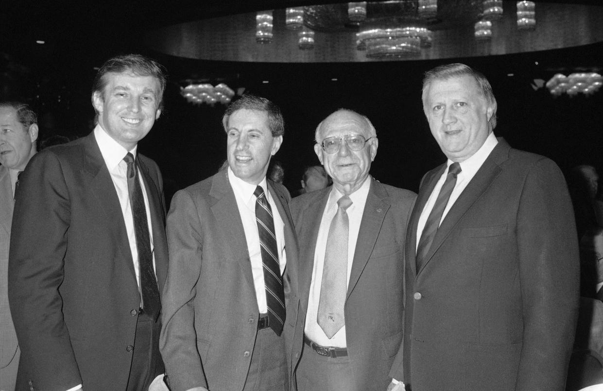 From left, Donald Trump, of the Generals, Fred Wilpon, of the Mets, Sonny Werblin of Madison Square Garden, and George Steinbrenner of the Yankees attend a breakfast forum dealing with the future of professional sports in the New York metropolitan area, on Thursday, Dec. 16, 1983 in New York.