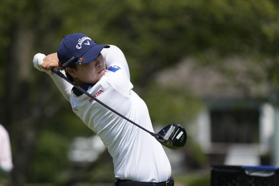 Yuka Saso of Japan drives off the 16th tee during the third round of the Dow Great Lakes Bay Invitational golf tournament at Midland Country Club, Friday, July 21, 2023, in Midland, Mich. (AP Photo/Carlos Osorio)