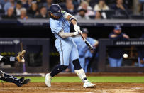 Toronto Blue Jays' Bo Bichette hits a single against the New York Yankees during the third inning of a baseball game Wednesday, Sept. 20, 2023, in New York. (AP Photo/Noah K. Murray)