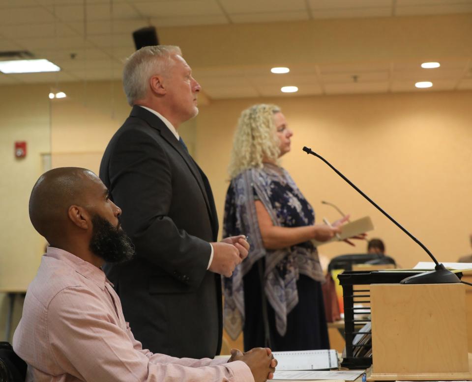 Edward Holley appears in the Town of Wallkill Court beside his attorney, Paul Weber, with special prosecutor Julia Cornachio in the background, on August 23, 2023. Judge Peter Green adjourned until Nov. 15 the second-degree-murder case against Holley, in the 2003 death of Megan McDonald.