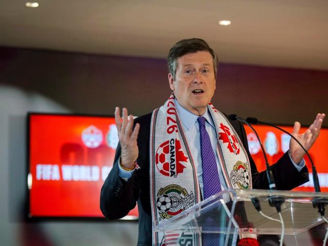 Toronto Mayor John Tory discusses the successful joint North American bid by Canada, the U.S. and Mexico to host the 2026 World Cup at a press conference in Toronto on June 13, 2018. Tory welcomed the news Thursday as Toronto was named a 2026 World Cup host city. (Christopher Katsarov/The Canadian Press - image credit)