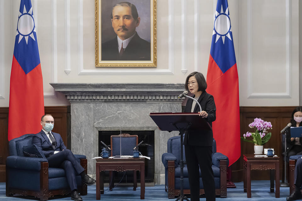 In this photo released by the Taiwan Presidential Office, Taiwanese President Tsai Ing-wen speaks near Matas Maldeikis, head of the Lithuanian delegation during a meeting with lawmakers from Baltic states at the Presidential Office in Taipei, Taiwan on Monday, Nov. 29, 2021. Lawmakers from all three Baltic states met with Tsai on Monday in a sign of further cooperation between European Union nations and Taiwan. (Taiwan Presidential Office via AP)