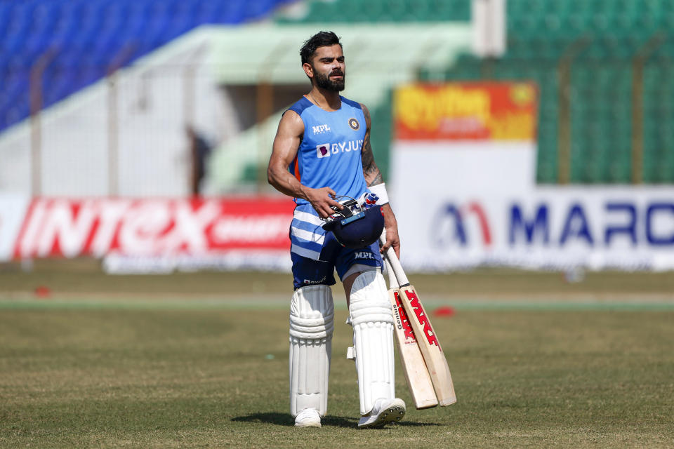India's Virat Kohli during a training session ahead of their first test cricket match against Bangladesh in Chattogram, Bangladesh, Monday, Dec. 12, 2022. (AP Photo/Surjeet Yadav)
