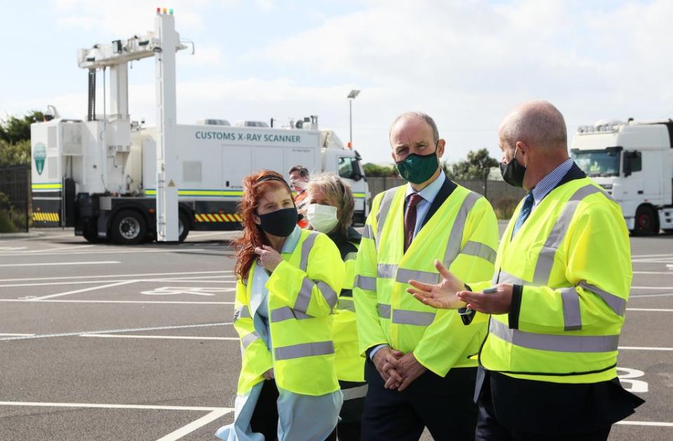 Taoiseach Micheal Martin, second right, at Rosslare Europort, Co Wexford (Brian Lawless/PA) (PA Wire)