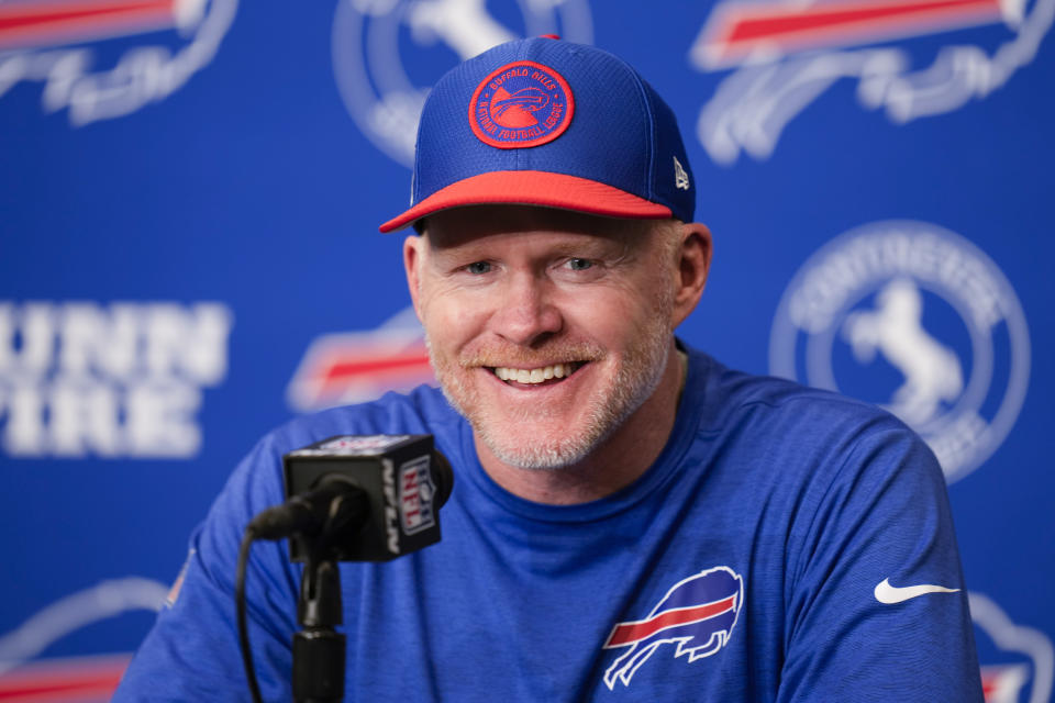 Buffalo Bills coach Sean McDermott answers questions after the team's NFL football game against the Los Angeles Chargers, Saturday, Dec. 23, 2023, in Inglewood, Calif. (AP Photo/Ashley Landis)