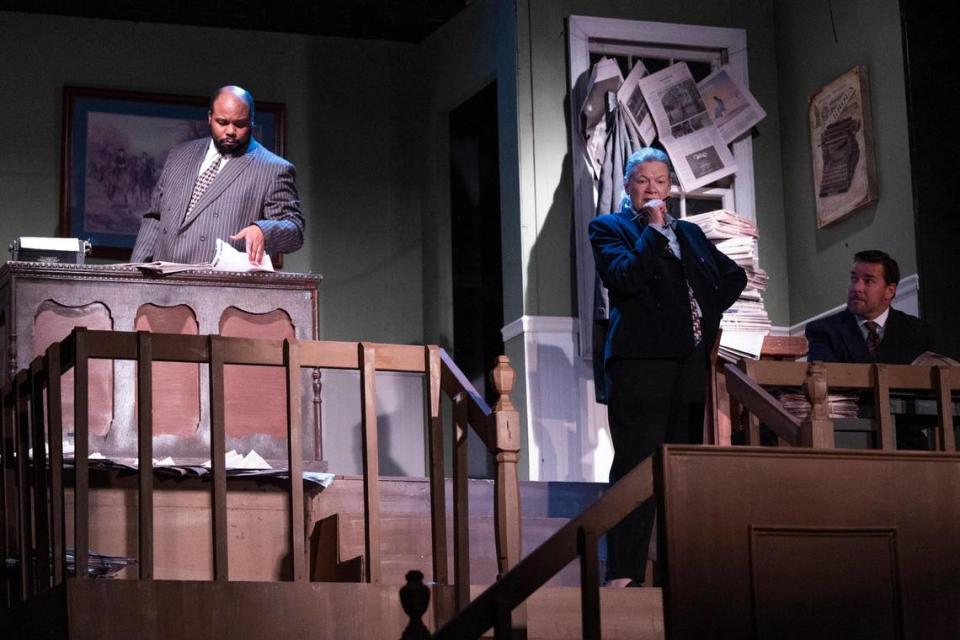 A dress rehearsal for Composure, a play by Jason Stokes, at Trustus Theatre on Tuesday, August 9, 2022. In this scene, Terrance Henderson, playing Ambrose Gonzales, decides a reporter from the News and Courier should take over The State’s coverage of the trial over his brother’s killing.