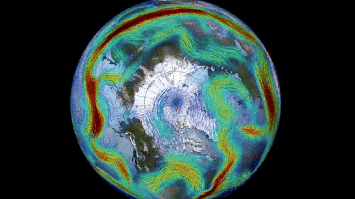  A satellite image of Earth taken from above the arctic, with green swirls moving counterclockwise representing the movement of cold air patterns. 