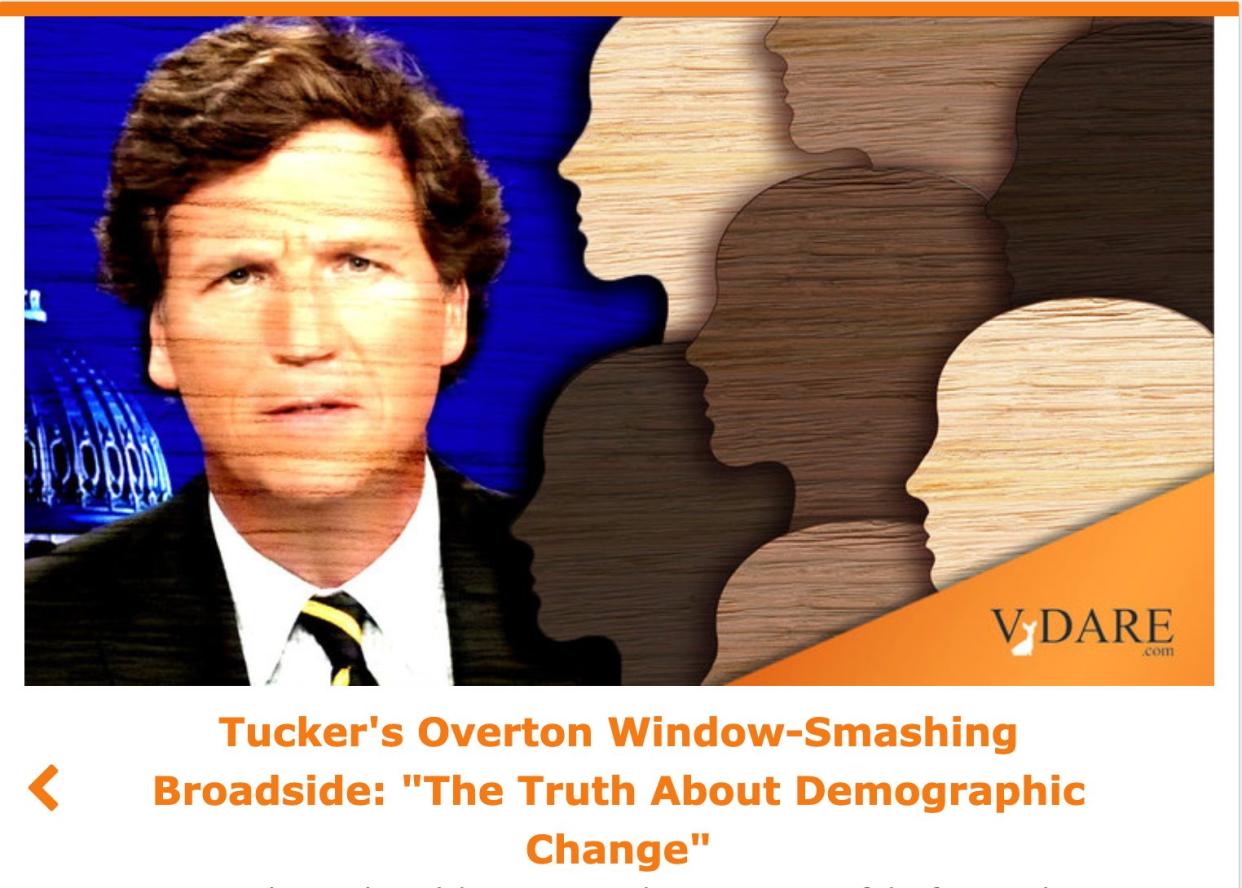 The white nationalist site VDare is also stoked about Tucker. (Photo: Screenshot)