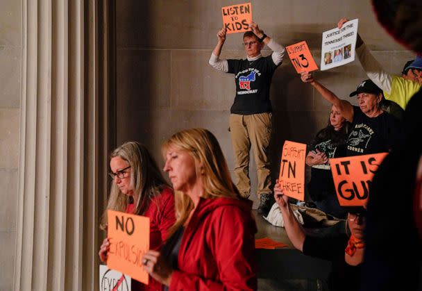 PHOTO: Protesters gather as Republicans who control the Tennessee House of Representatives prepare to vote on whether to expel three Democratic members for their role in a gun control demonstration, in Nashville, Tenn., April 6, 2023. (Cheney Orr/Reuters)