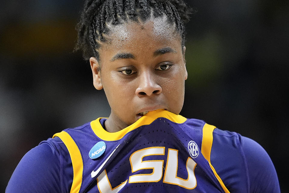 LSU guard Mikaylah Williams (12) reacts during the fourth quarter of an Elite Eight round college basketball game against Iowa during the NCAA Tournament, Monday, April 1, 2024, in Albany, N.Y. (AP Photo/Mary Altaffer)