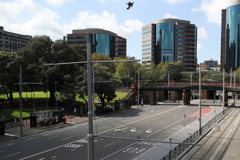 An almost empty street is seen during a workday following the implementation of stricter social-distancing and self-isolation rules to limit the spread of the coronavirus disease (COVID-19) in Sydney