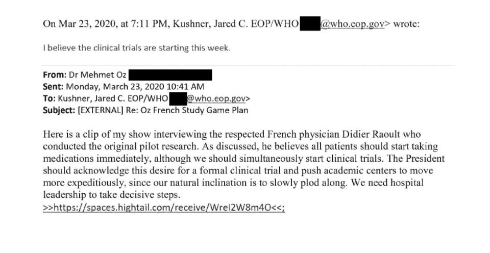 Screenshot of email between Jared Kushner and Dr. Mehmet Oz