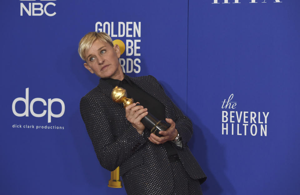 Ellen DeGeneres, winner of the Carol Burnett award, poses in the press room at the 77th annual Golden Globe Awards at the Beverly Hilton Hotel on Sunday, Jan. 5, 2020, in Beverly Hills, Calif. (AP Photo/Chris Pizzello)