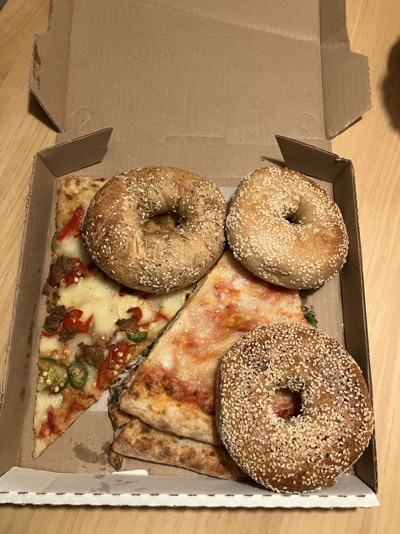 Pizza and bagel in a box.
