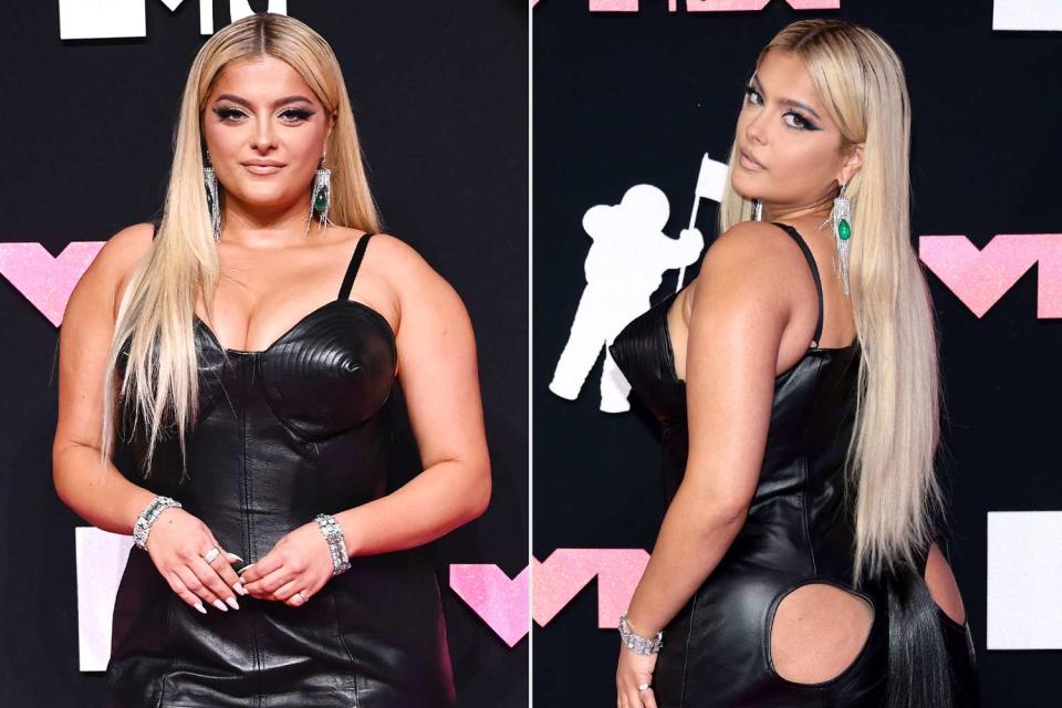 <p>Gilbert Flores/Variety via Getty; Dimitrios Kambouris/Getty</p> Bebe Rexha wears butt-bearing dress on the 2023 VMAs red carpet.