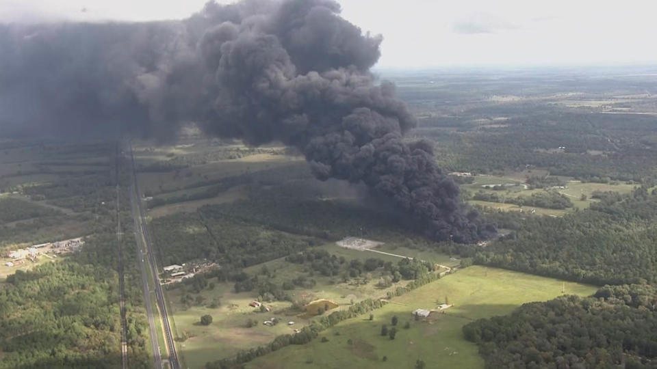 A fire rages at a chemical plant in San Jacinto County, Texas. (KPRC)