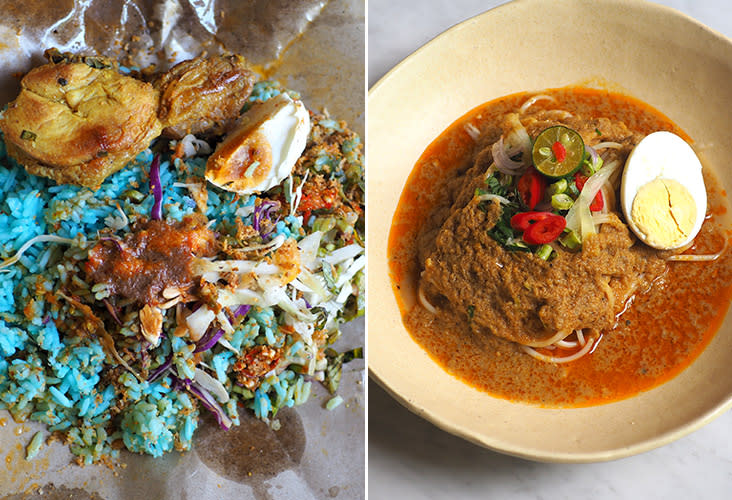 'Nasi kerabu' with 'ayam goreng' is a riot of colours and flavours (left). 'Laksa' Johor comes with spaghetti and a rich flaked fish sauce (right).