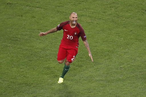 Portugal's Ricardo Quaresma celebrates after scoring the decisive penalty during the Euro 2016 quarterfinal soccer match between Poland and Portugal, at the Velodrome stadium in Marseille, France, Thursday, June 30, 2016. Portugal won 5-3 in a penalty shootout. (AP Photo/Michael Sohn)