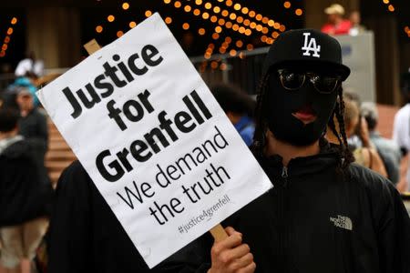Demonstrators protest against the Grenfell Tower fire outside a Kensington and Chelsea Council meeting at Kensington Town Hall in London, Britain July 19, 2017. REUTERS/Neil Hall