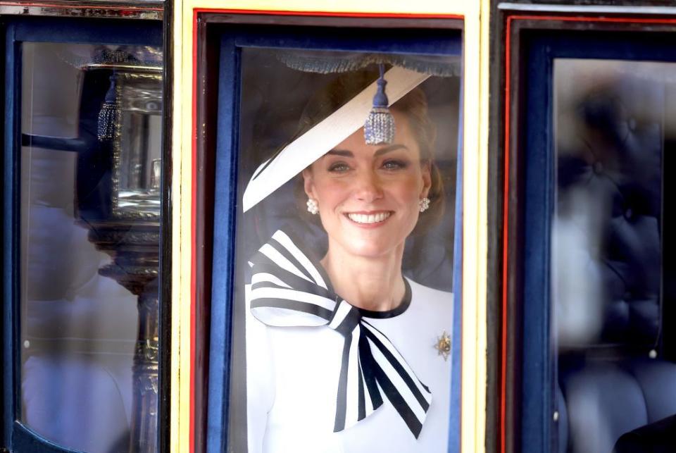 london, england june 15 catherine, princess of wales smiles as she travels by carriage during trooping the colour at buckingham palace on june 15, 2024 in london, england trooping the colour is a ceremonial parade celebrating the official birthday of the british monarch the event features over 1,400 soldiers and officers, accompanied by 200 horses more than 400 musicians from ten different bands and corps of drums march and perform in perfect harmony photo by chris jacksongetty images