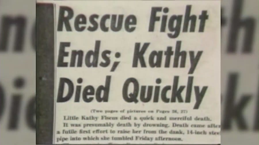 Kathy Fiscus is confirmed dead after a failed 50-hour rescue attempt on April 10. 1949. (KTLA)