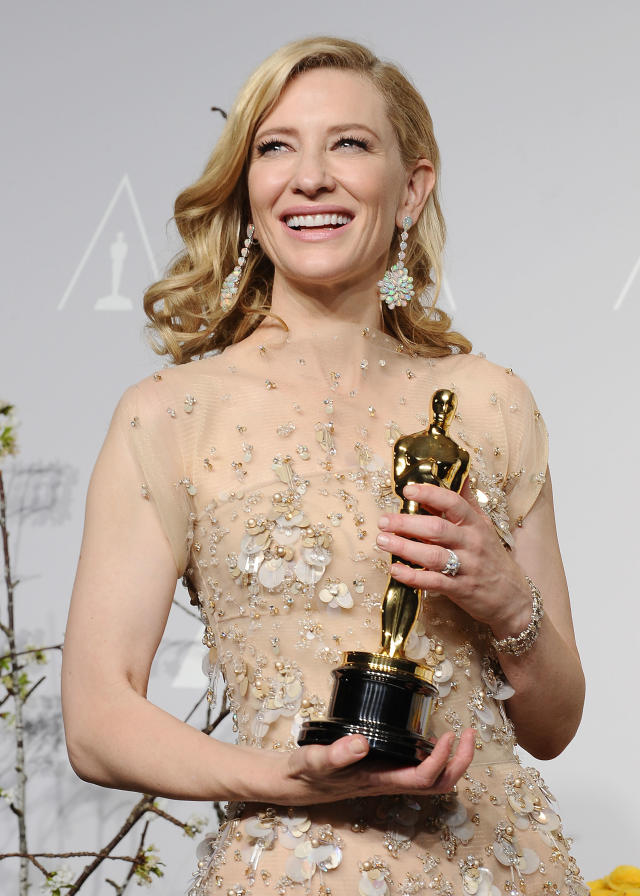 Cate Blanchett with her Best Actress Award for 'Blue Jasmine' in the press  room of the