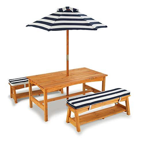 12) Outdoor Wooden Table & Bench Set with Cushions and Umbrella