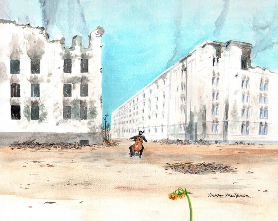 A man plays a cello between bombed buildings in "Is Anyone Listening," an image created by Cape artist Heather MacKenzie to raise money to help the people of Ukraine.