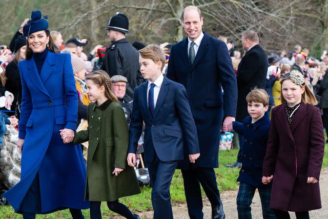 <p>Samir Hussein/WireImage</p> Kate Middleton and Prince William with children Prince George, Princess Charlotte and Prince Louis on Dec. 25, 2023