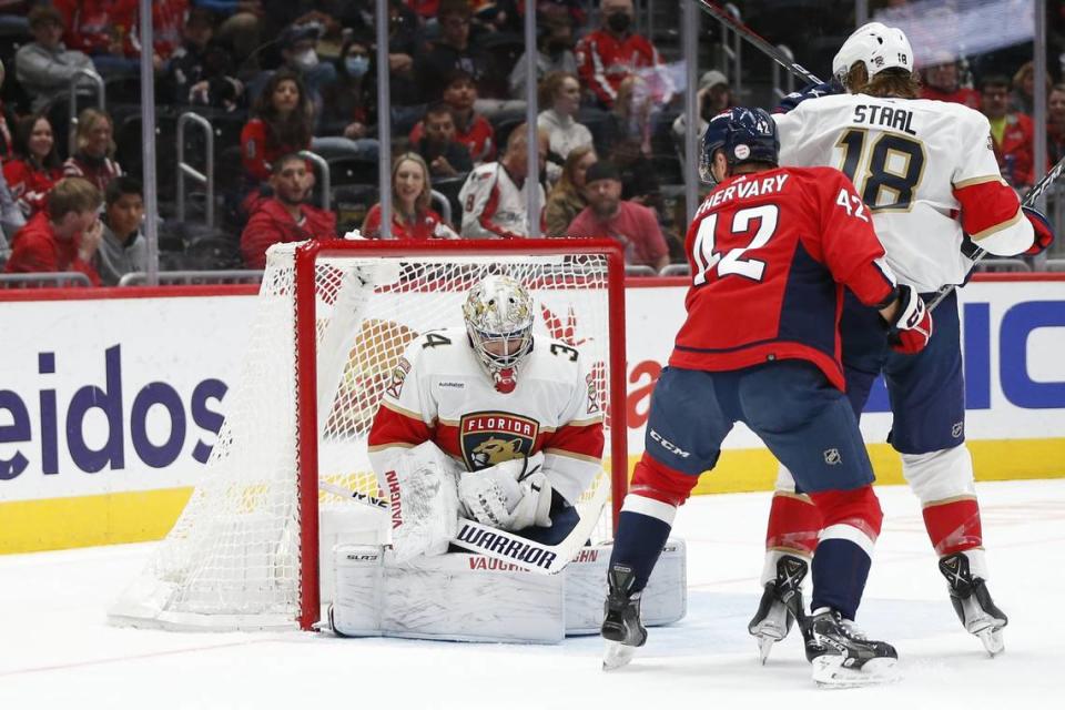 Apr 8, 2023; Washington, District of Columbia, USA; Florida Panthers goaltender Alex Lyon (34) makes a save against the Washington Capitals during the first period at Capital One Arena. Mandatory Credit: Amber Searls-USA TODAY Sports