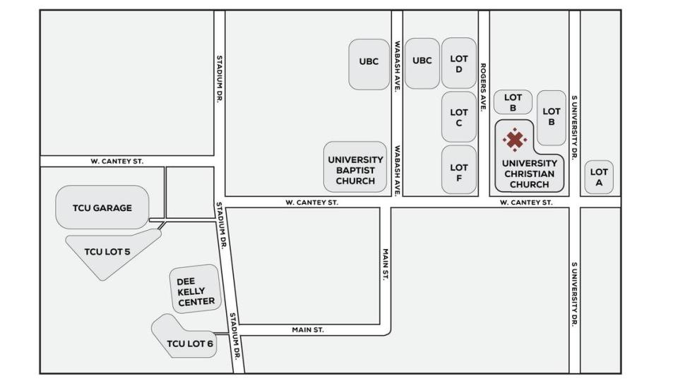 University Christian Church provided this map of parking for the locations where mourners can watch the funeral service for Zach Muckleroy and his children, Judson, 12, and Lindsay, 9. University Christian Church