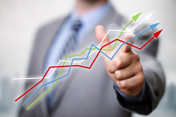 Businessman pointing to line charts going up