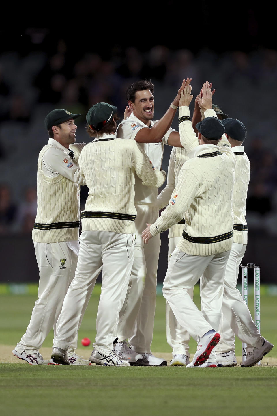 Australia's Mitchell Starc, center, celebrates the wicket of Pakistan's Asad Shafiq during their cricket test match in Adelaide, Saturday, Nov. 30, 2019. (AP Photo/James Elsby)